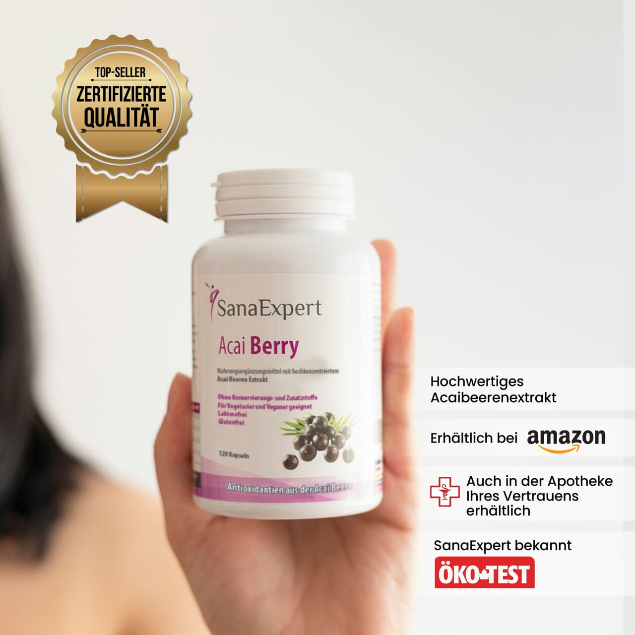 SanaExpert Acai Berry Nahrungsergänzungsmittel-Flasche mit Top-Seller-Siegel, Text hebt die Qualität und Verfügbarkeit in vertrauenswürdigen Apotheken und bei Amazon hervor.