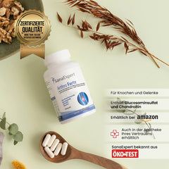 SanaExpert Arthro Forte neben einem Qualitätssiegel, welches über 100.000 zufriedene Kunden bestätigt, dargestellt mit Herbstthema und Hinweisen auf Verfügbarkeit bei Amazon und in Apotheken.