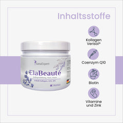Dose von ElaBeaute Kollagenpulver vor einem teilweise sichtbaren, lila Hintergrund mit einer Grafik der wichtigsten Inhaltsstoffe wie Kollagen Verisol®, Coenzym Q10, Biotin, Vitamine und Zink.