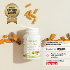 LeberVital Pro Nahrungsergänzungsmittel Flasche neben Kurkumawurzeln und Kapseln, mit Qualitätssiegel und Hinweis auf Verfügbarkeit bei Amazon.