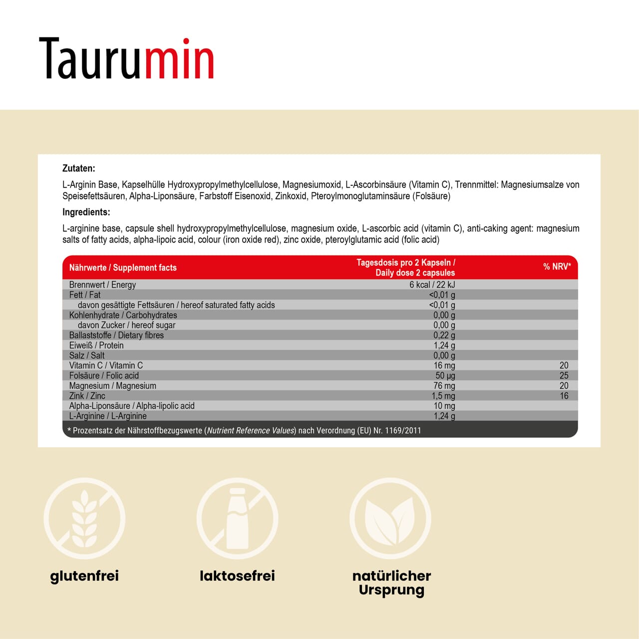 Detaillierte Ansicht der Nährwertangaben auf der Rückseite der SanaExpert Taurumin Packung, mit einer Liste der Inhaltsstoffe und Supplementfakten.