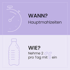 Anleitung zur Einnahme von SanaExpert Acai Berry Kapseln, illustriert mit Grafiken für Zeitpunkt und Dosierung auf lila Hintergrund.