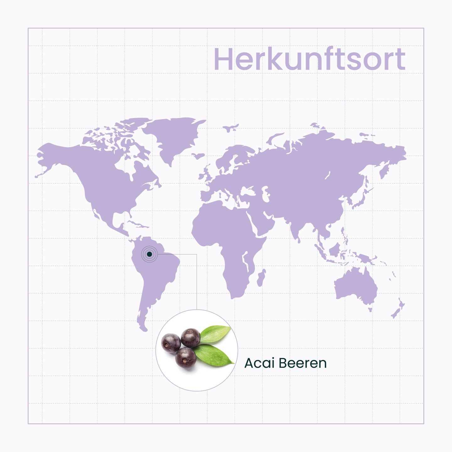 Weltkarte zeigt Herkunftsort der Acai Beeren, markiert mit einem Symbol in Südamerika.