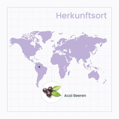 Weltkarte zeigt Herkunftsort der Acai Beeren, markiert mit einem Symbol in Südamerika.