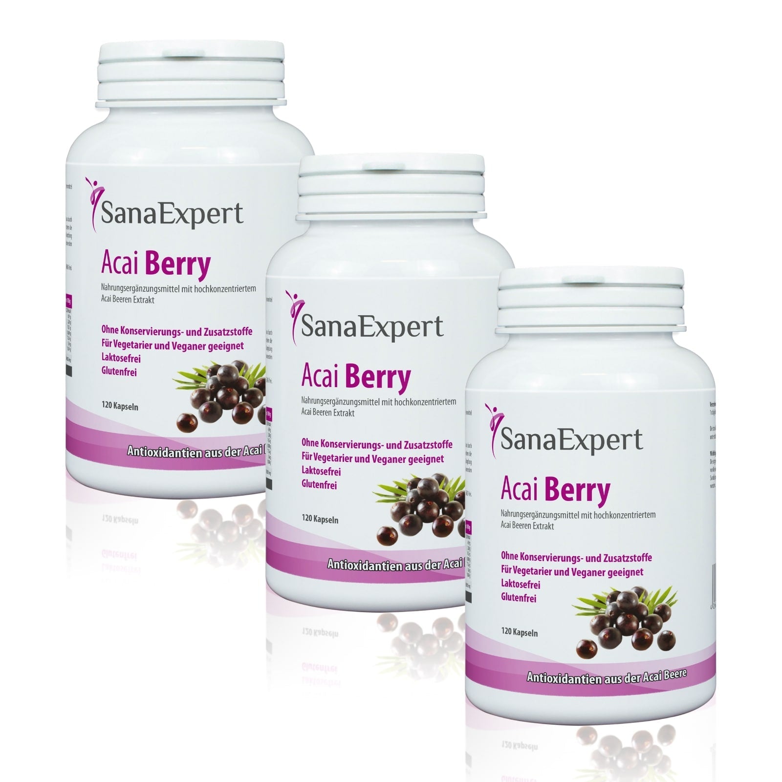 Drei Flaschen SanaExpert Acai Berry Nahrungsergänzungsmittel nebeneinander angeordnet auf weißem Hintergrund.