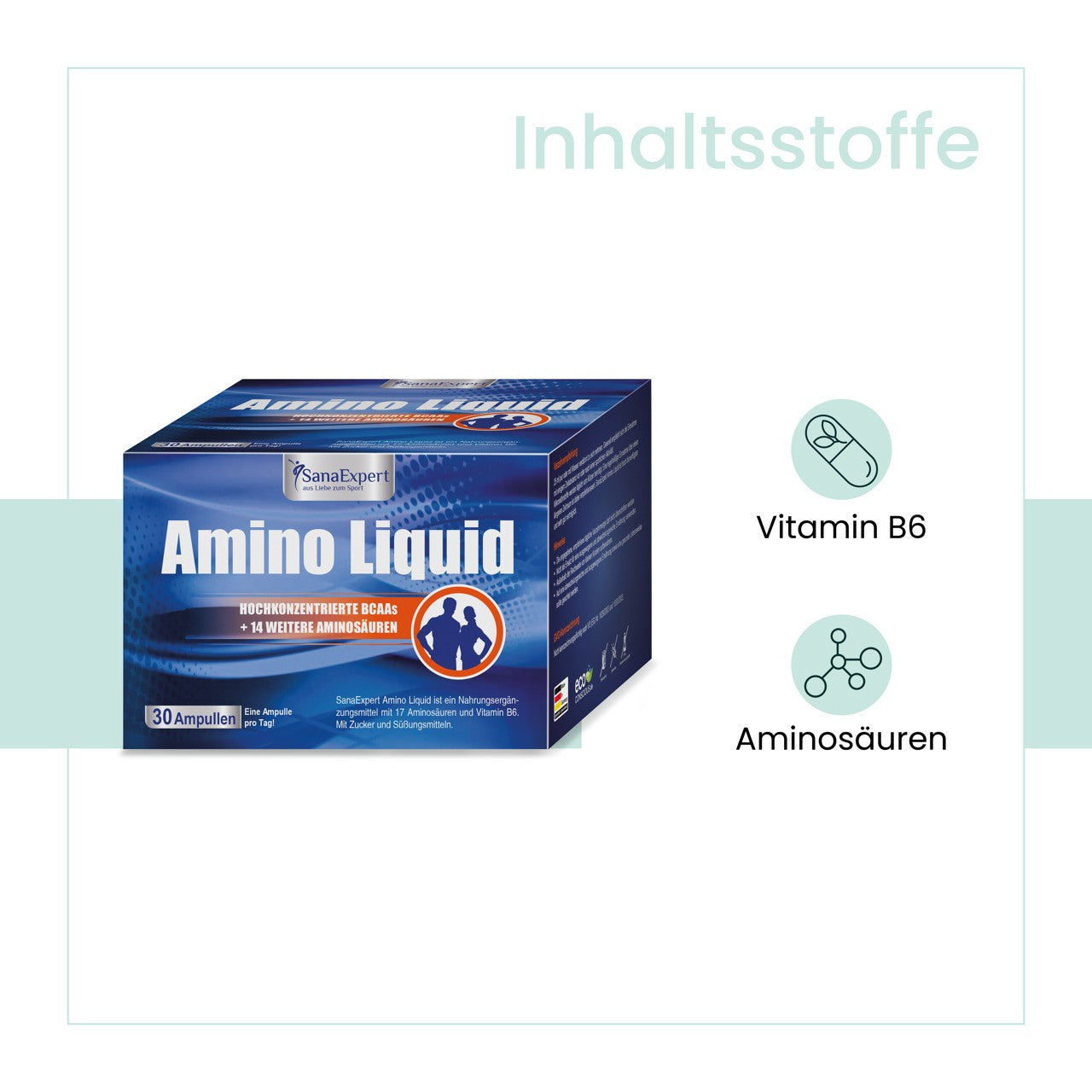 Packung von Amino Liquid mit Aufschrift der Inhaltsstoffe Vitamin B6 und Aminosäuren, auf pastellfarbenem Hintergrund.