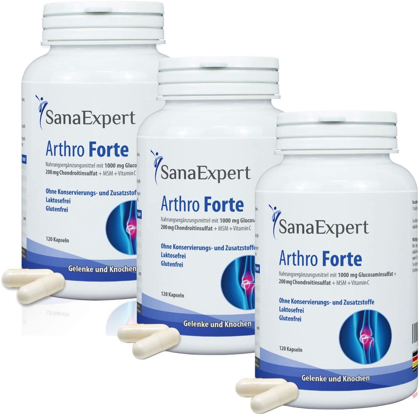 Drei Packungen von SanaExpert Arthro Forte nebeneinander aufgestellt, um die Verfügbarkeit und die Möglichkeit des Vorratskaufs zu verdeutlichen.