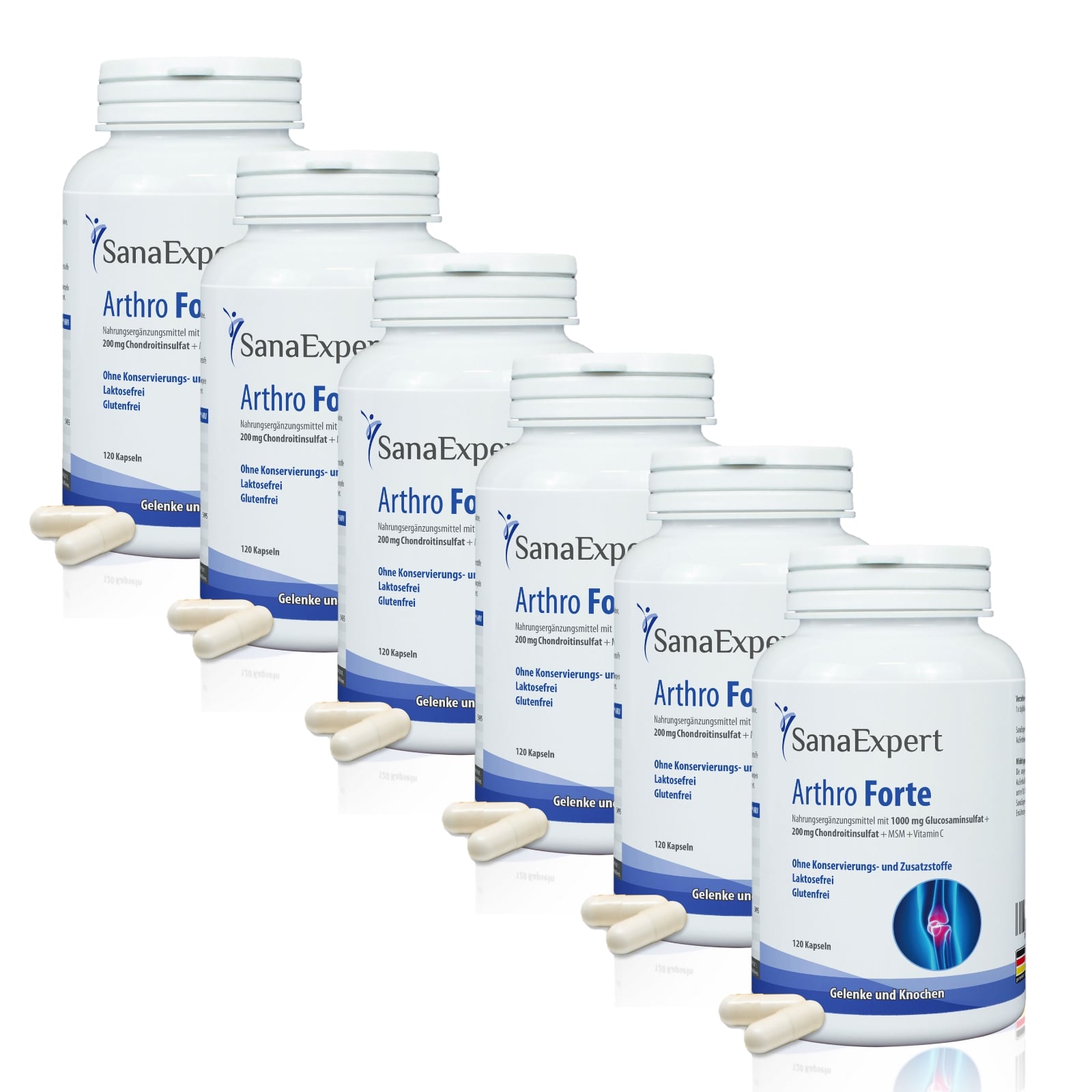Sechs SanaExpert Arthro Forte Flaschen mit herausgestreuten Kapseln vorne, was die Ergiebigkeit und die klare Dosierung der Kapseln zeigt.