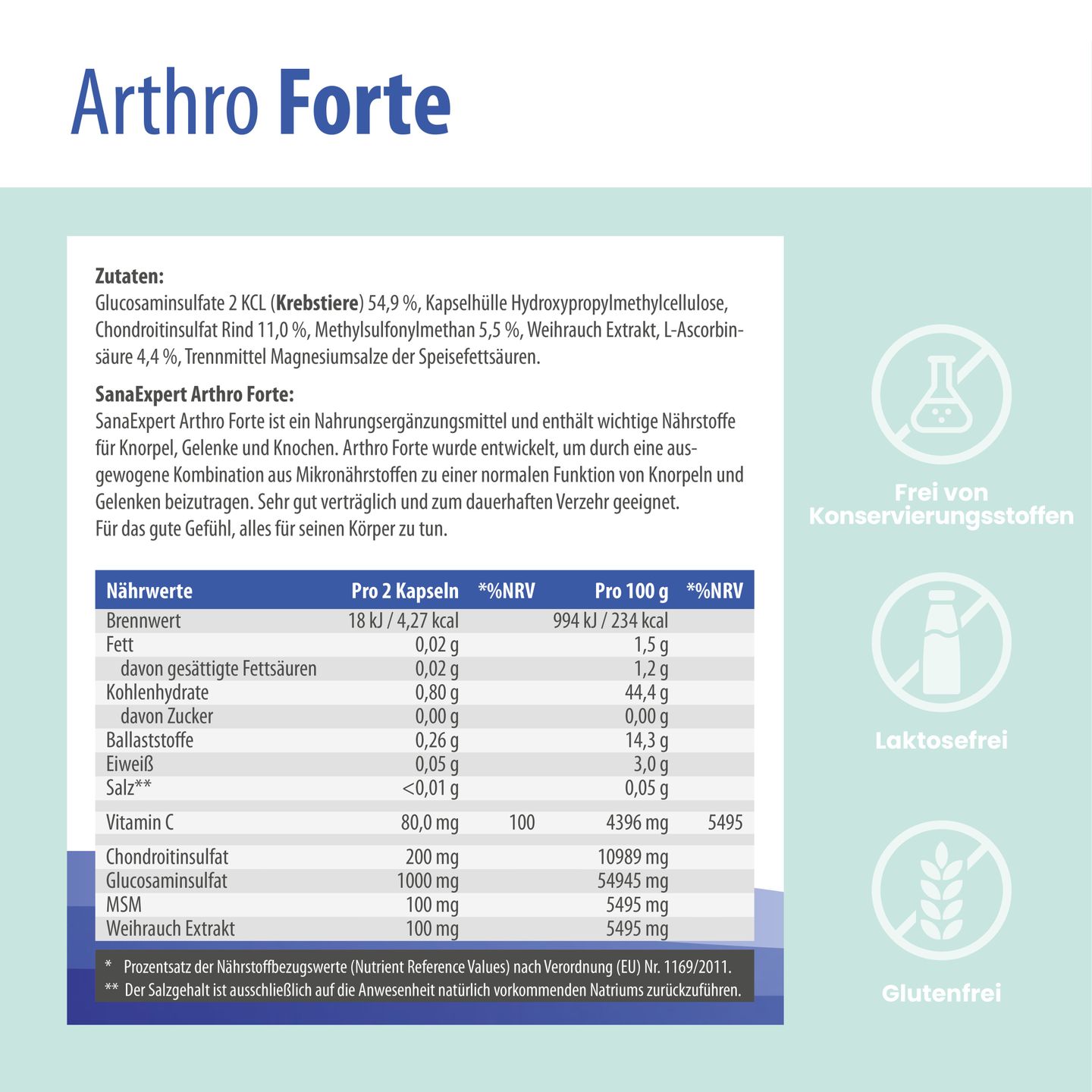 Detailansicht der SanaExpert Arthro Forte Verpackung mit Informationen zu Inhaltsstoffen und Nährwerten, die die Zusammensetzung und gesundheitlichen Vorteile des Produkts betont.