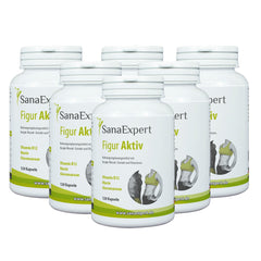 Sechs SanaExpert Figur Aktiv Flaschen organisiert in einer sauberen und klaren Präsentation, um die Verfügbarkeit und Markenidentität hervorzuheben.