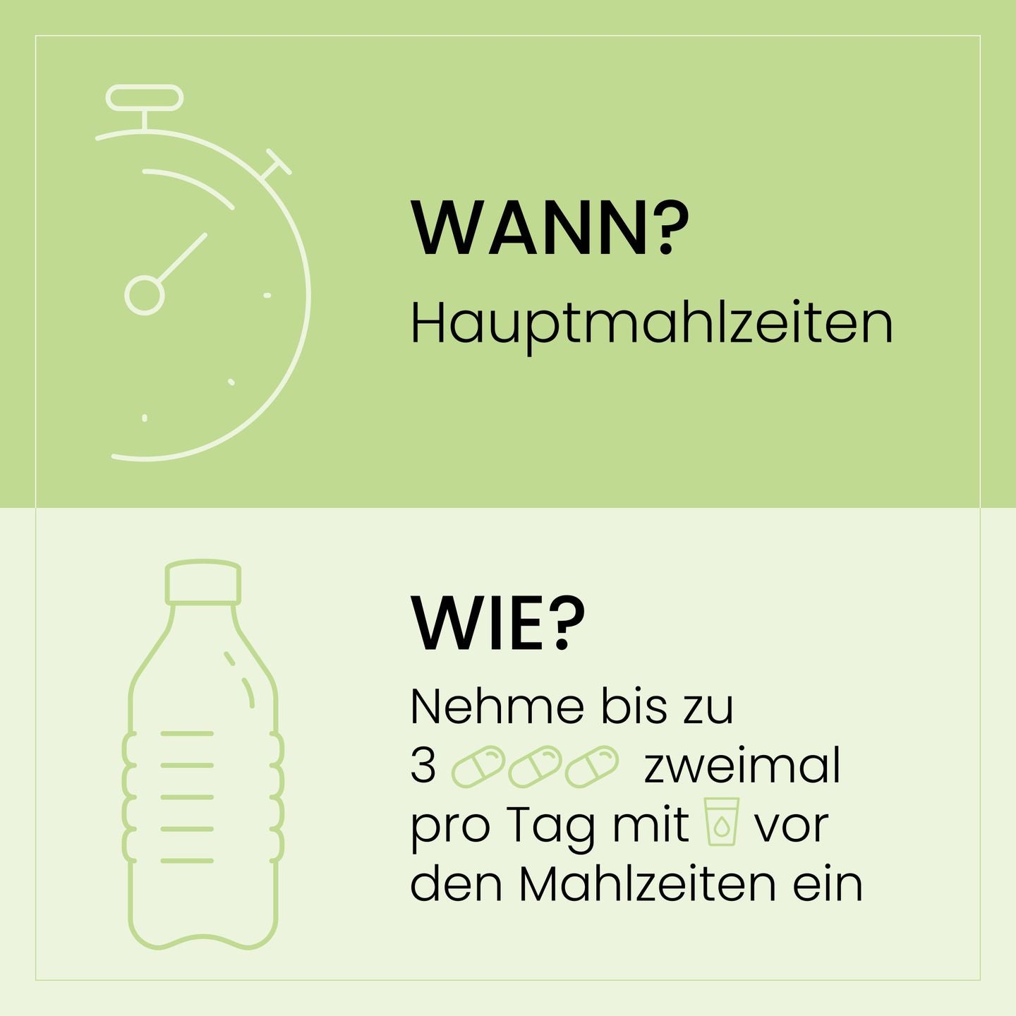 Einfaches, informatives Bild mit Anweisungen für die Einnahme von Kapseln, empfohlen werden bis zu 3 Kapseln zweimal täglich vor den Hauptmahlzeiten.