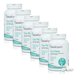 Sechs Flaschen SanaExpert Haar Forte gestaffelt angeordnet.