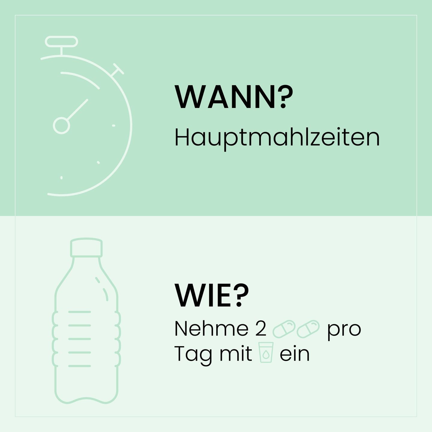 Infografik zur Einnahme von SanaExpert Haar Forte mit Anweisungen, zwei Kapseln pro Tag zu den Hauptmahlzeiten einzunehmen.