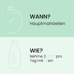 Infografik zur Einnahme von SanaExpert Haar Forte mit Anweisungen, zwei Kapseln pro Tag zu den Hauptmahlzeiten einzunehmen.