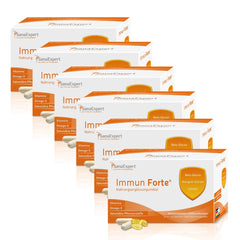 Sechs SanaExpert Immun Forte Packungen in einer wiederholten Anordnung, schaffen ein Muster, das die Verfügbarkeit und Auswahl des Produkts betont.