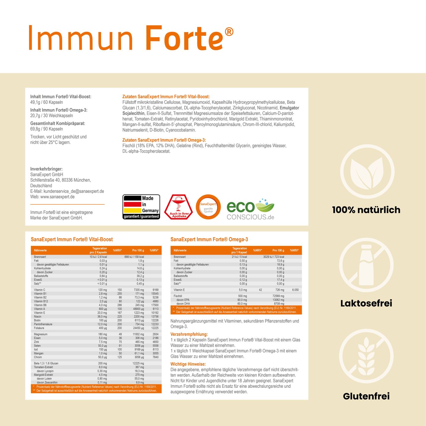 Detaillierte Produktinformationsblatt von SanaExpert Immun Forte mit einer umfassenden Liste der Nährwerte und Inhaltsstoffe, hervorgehoben durch natürliche, laktosefreie und glutenfreie Symbole.