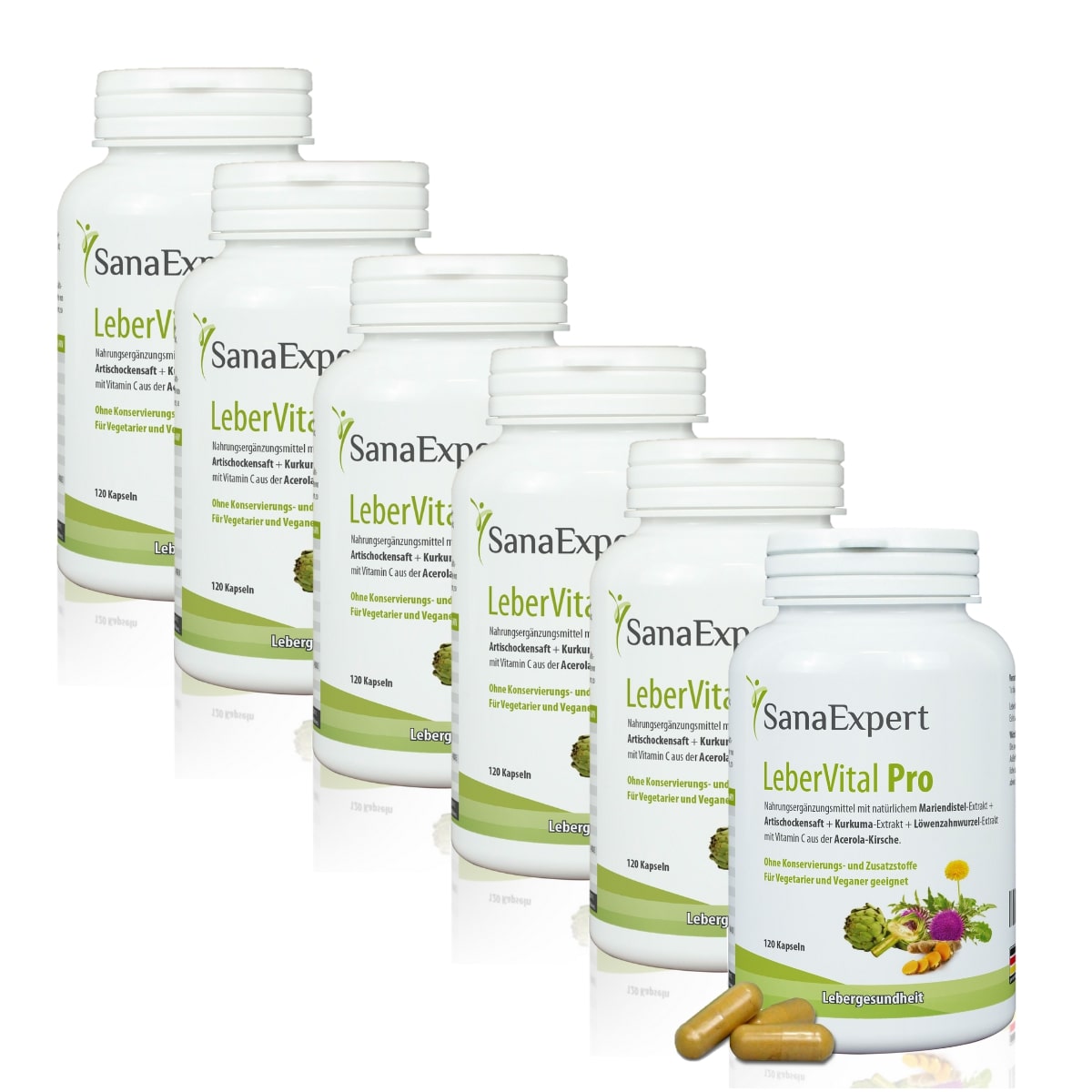 Sechs Flaschen von SanaExpert LeberVital Pro gestapelt auf weißem Hintergrund, Gesundheits- und Wellness-Thema.