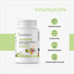 LeberVital Pro Dose mit hervorgehobenen Inhaltsstoffen Artischocke, Kurkuma, Mariendistel und Löwenzahnwurzel, grüner Hintergrund mit Fokus auf Lebergesundheit.