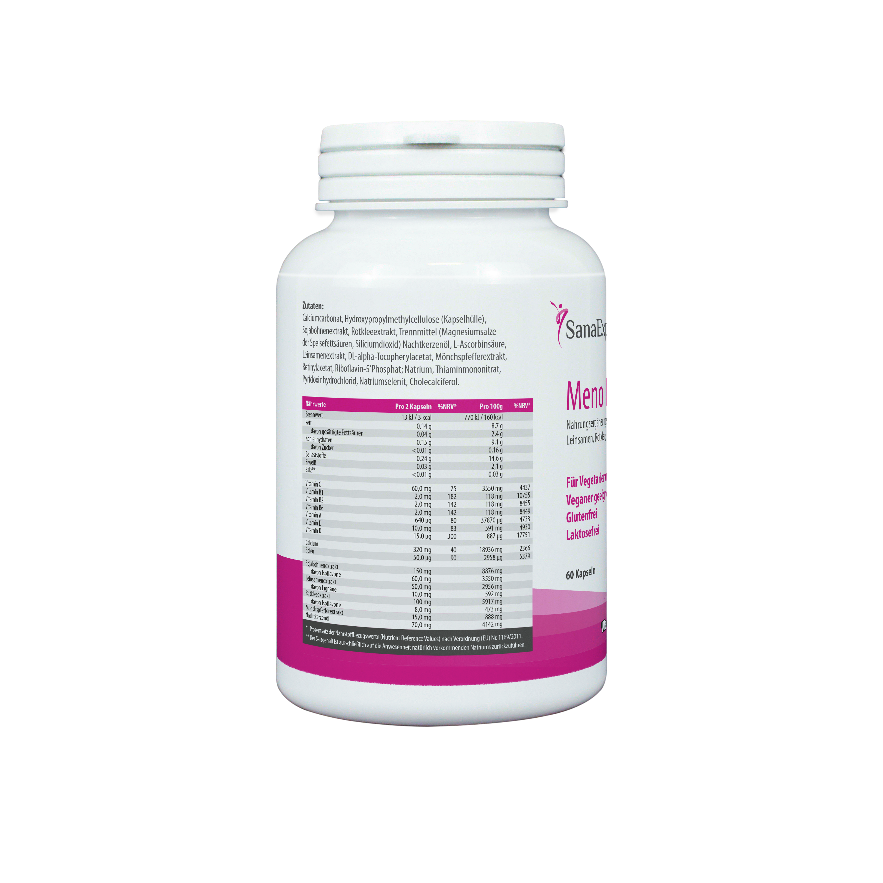 Detaillierte Nährwertinformationen auf der Rückseite einer Meno Forte Produktverpackung von SanaExpert, Angaben zu Inhaltsstoffen und Dosierung.