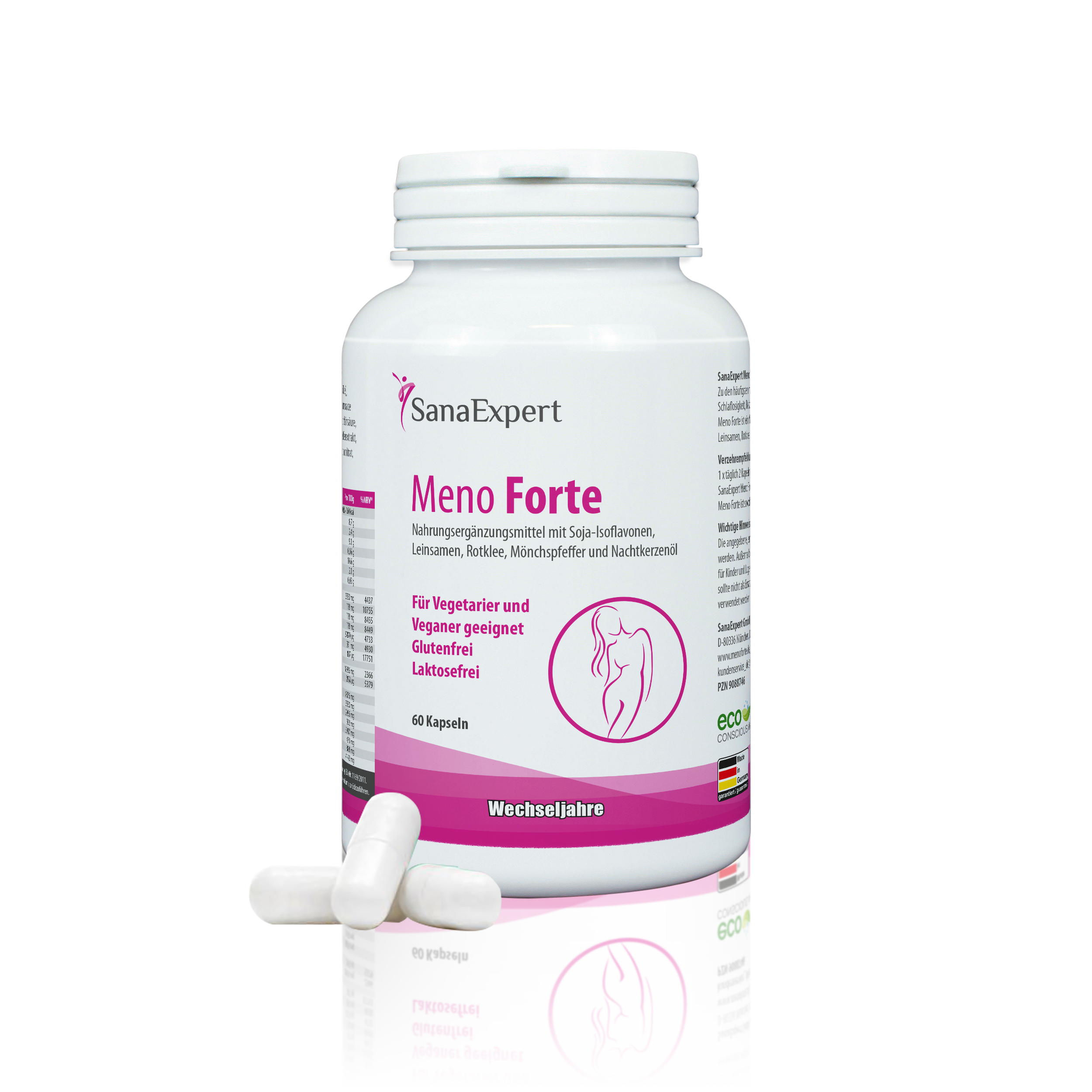 Ein weißer Behälter von SanaExpert Meno Forte mit dem Fokus auf Unterstützung während der Wechseljahre, präsentiert auf einem minimalistischen Hintergrund mit einem Zweig und einer weißen Kapsel vorne.
