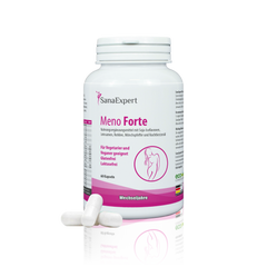 Ein weißer Behälter von SanaExpert Meno Forte mit dem Fokus auf Unterstützung während der Wechseljahre, präsentiert auf einem minimalistischen Hintergrund mit einem Zweig und einer weißen Kapsel vorne.