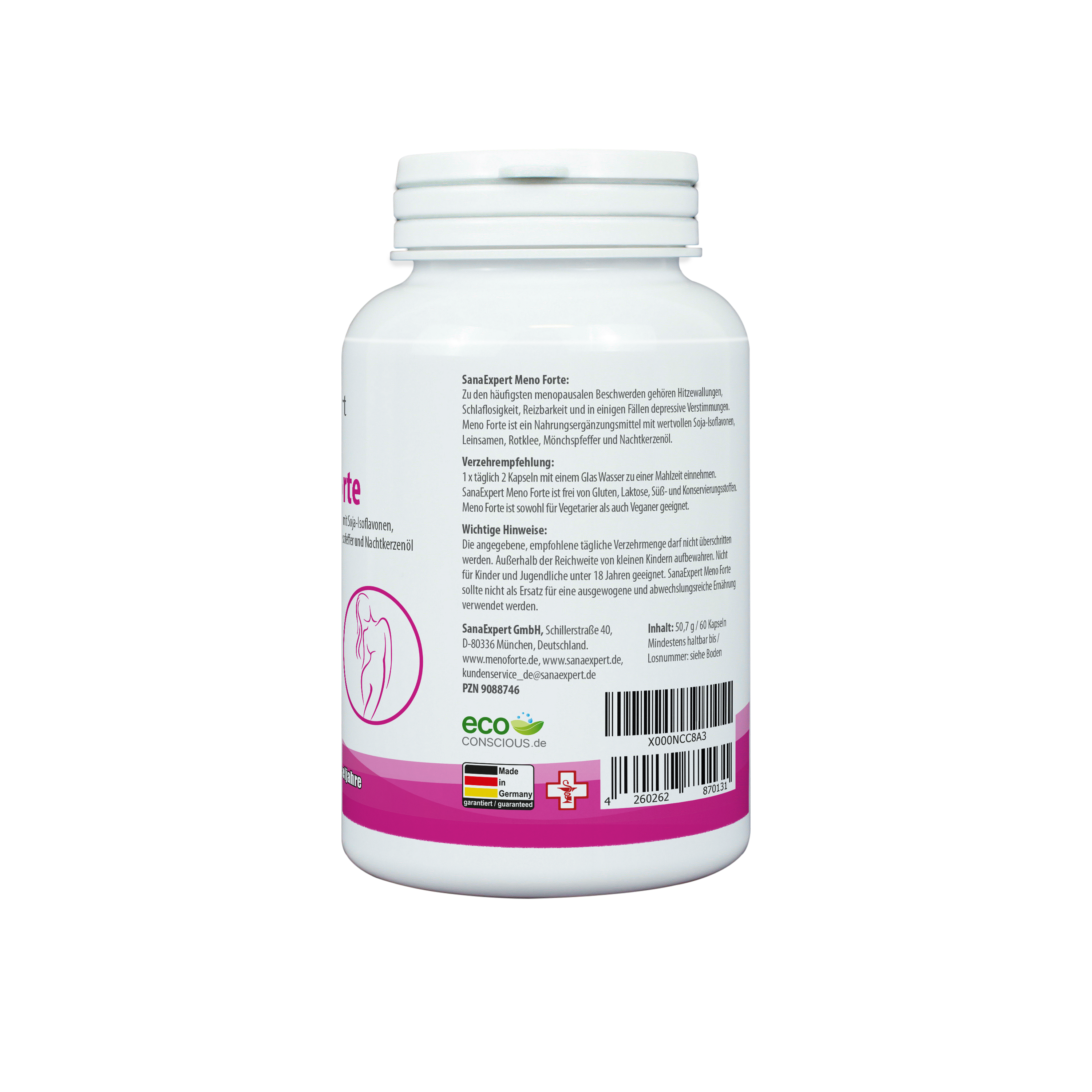Rückansicht des SanaExpert Meno Forte Behälters mit detaillierten Produktinformationen, Nährwertangaben und Verzehrempfehlungen, vegan und glutenfrei, vor neutralem Hintergrund.