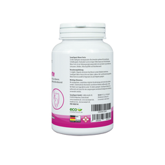 Rückansicht des SanaExpert Meno Forte Behälters mit detaillierten Produktinformationen, Nährwertangaben und Verzehrempfehlungen, vegan und glutenfrei, vor neutralem Hintergrund.