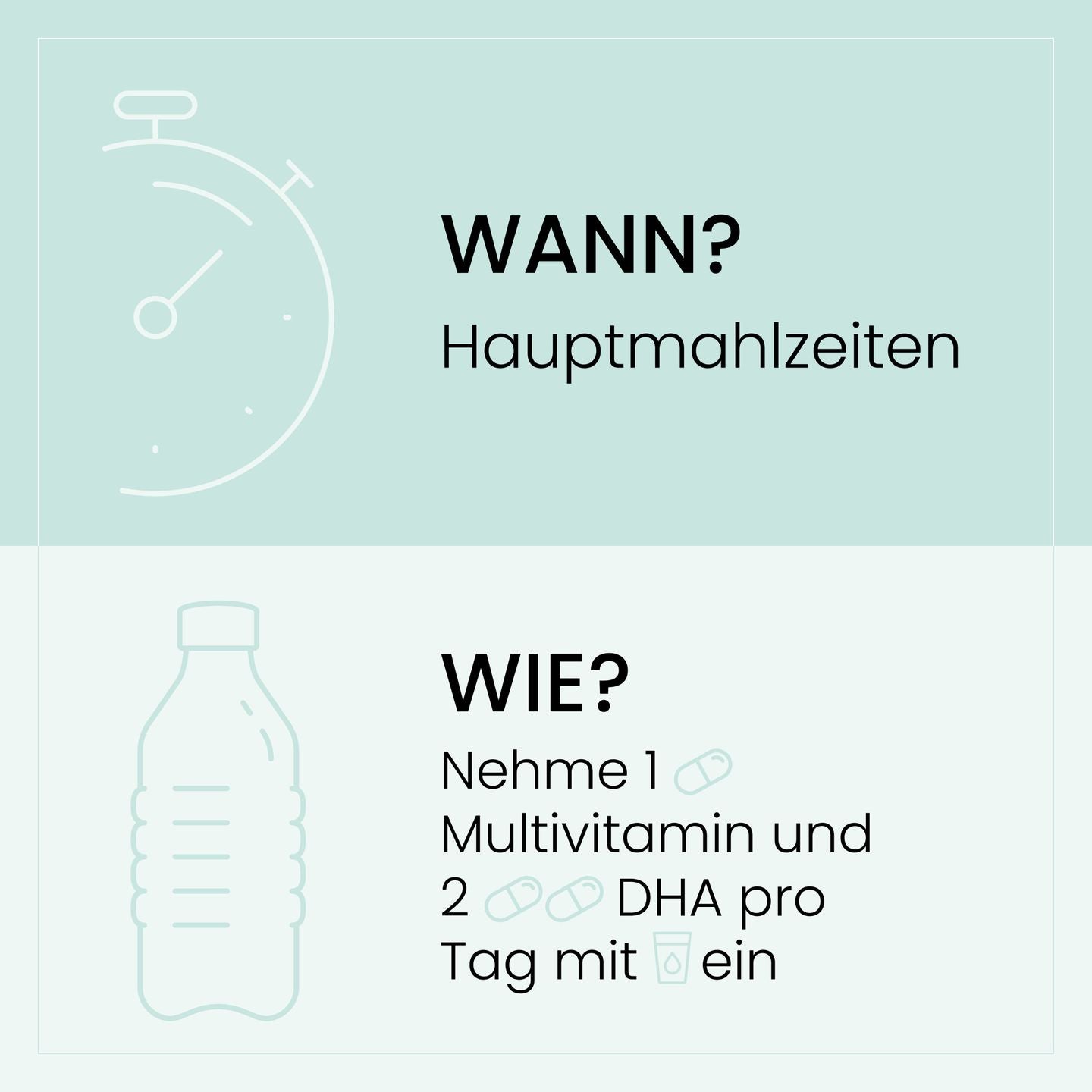 Violette Grafik mit Einnahme-Hinweisen für Natalis Lact, darunter die Empfehlung, täglich 1 Multivitamin und 2 DHA-Kapseln zu den Mahlzeiten einzunehmen.
