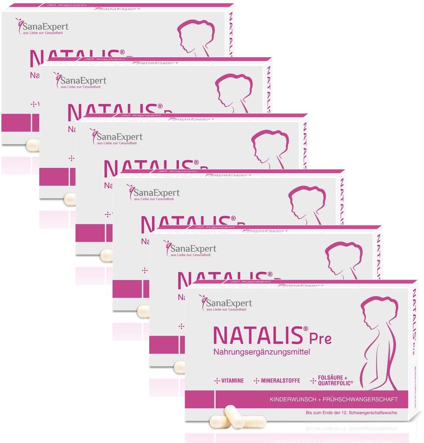 Sechs NATALIS® Pre Boxen mit Nahrungsergänzungsmitteln für die Frühschwangerschaft.