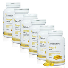 Sechs SanaExpert Omega-3 Flaschen gestapelt in einer Vorratsansicht, repräsentiert eine reichliche Versorgung mit wertvollen Omega-3 Fettsäuren.