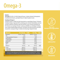 Detaillierte Produktinformation und Nährwerttabelle von SanaExpert Omega-3 auf einem gelben Hintergrund, betont die Inhaltsstoffe und den Nutzen für das Wohlbefinden.