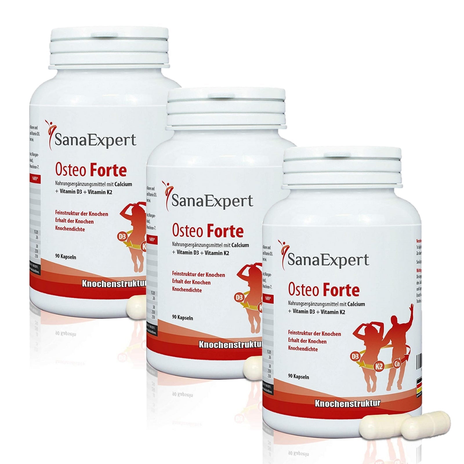 Drei Flaschen SanaExpert Osteo Forte, aufgereiht auf hellem Hintergrund, hervorgehoben durch die grafische Darstellung von Menschen in Bewegung und die Betonung der Knochenstruktur.