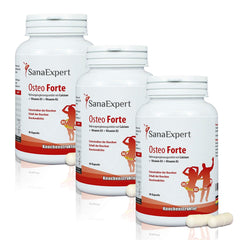 Drei Flaschen SanaExpert Osteo Forte, aufgereiht auf hellem Hintergrund, hervorgehoben durch die grafische Darstellung von Menschen in Bewegung und die Betonung der Knochenstruktur.