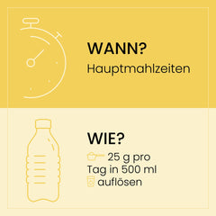 Gelbe Infografik mit Anweisungen zur Einnahme von SportVital Pro,