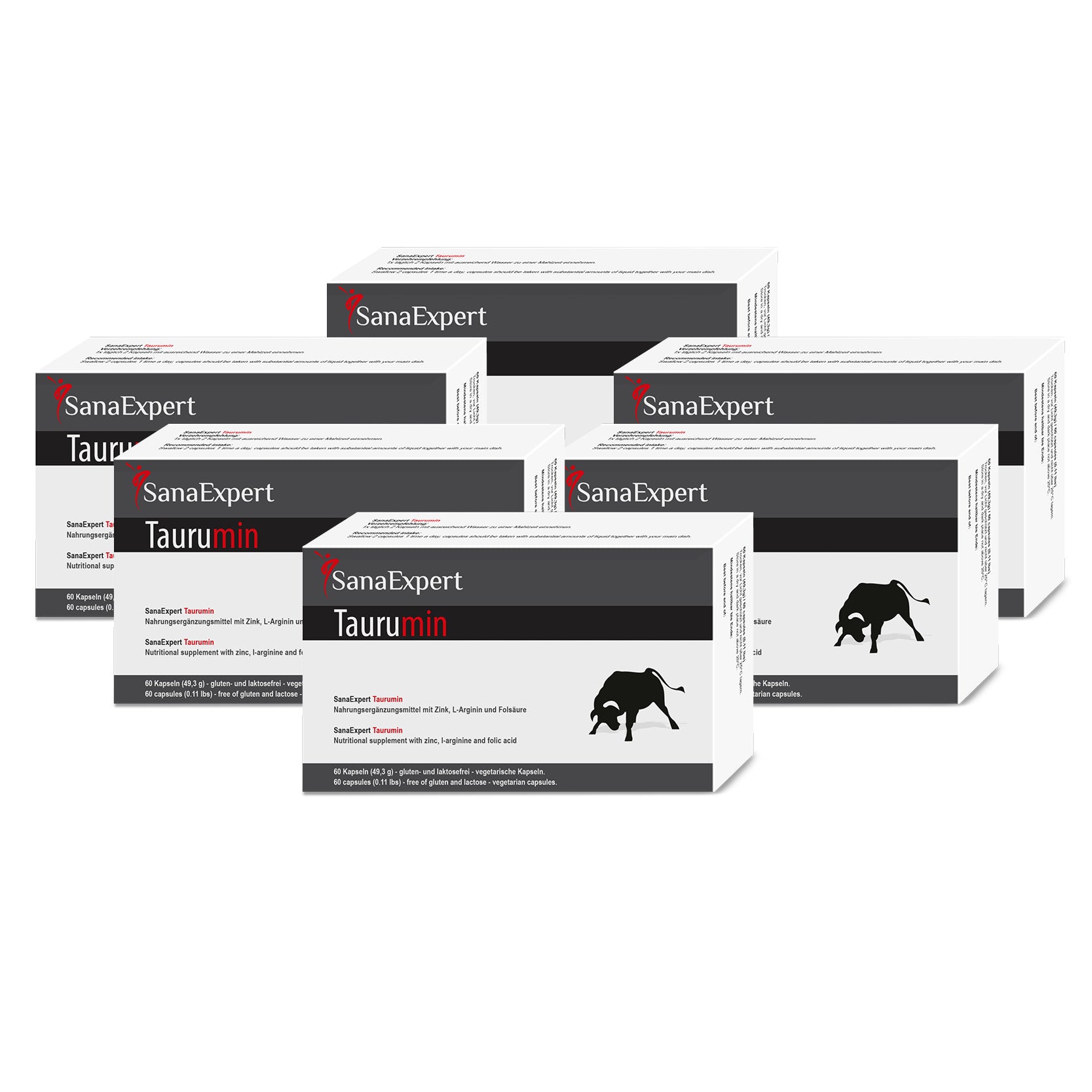 Sechs Packungen von SanaExpert Taurumin in unterschiedlichen Perspektiven arrangiert, über einem hellen Hintergrund.