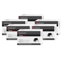 Sechs Packungen von SanaExpert Taurumin in unterschiedlichen Perspektiven arrangiert, über einem hellen Hintergrund.