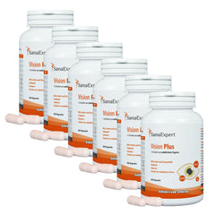 Sechs Flaschen des SanaExpert Vision Plus Nahrungsergänzungsmittels, systematisch angeordnet, mit Fokus auf das Produktlabel.