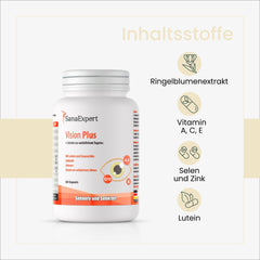 Flasche von SanaExpert Vision Plus mit Hervorhebung der Hauptinhaltsstoffe wie Ringelblumenextrakt, Vitamin A, C, E, Selen, Zink und Lutein auf einem Informationsplakat.