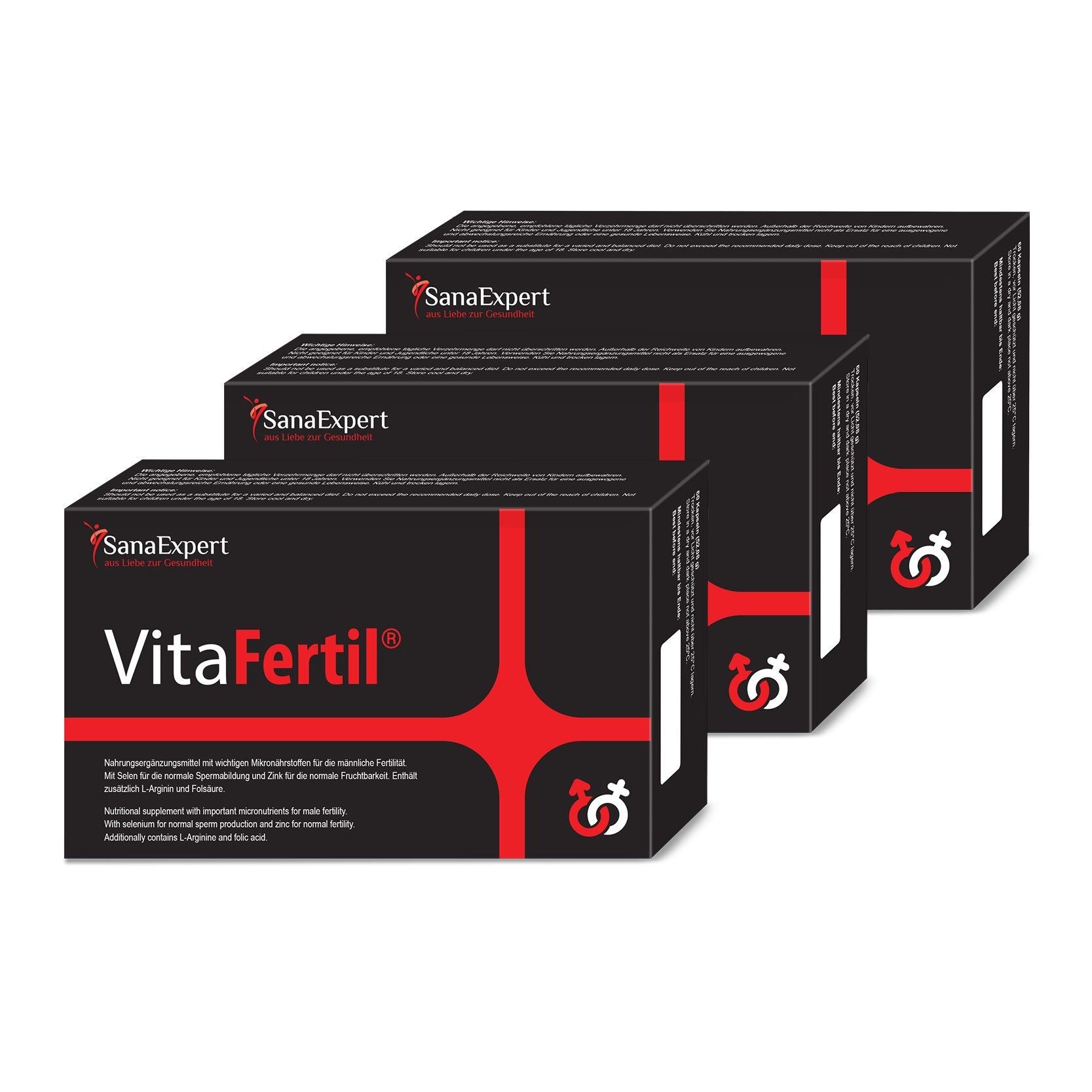 Drei Packungen in Schwarz mit roten Designelementen auf einem dunklen Hintergrund.