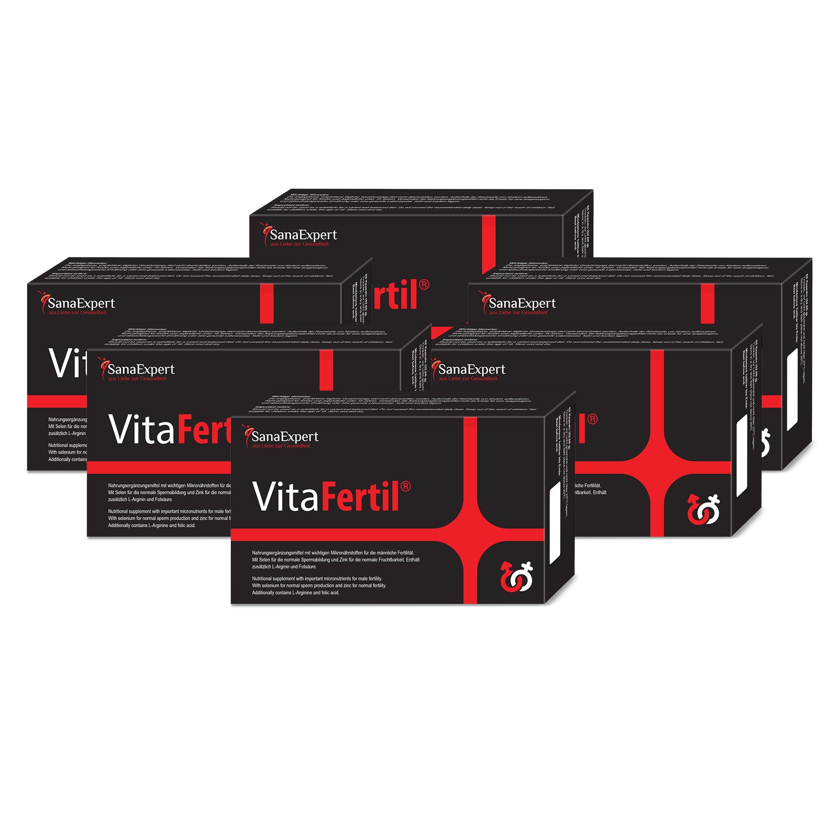Sechs Packungen des Nahrungsergänzungsmittels VitaFertil in Schwarz mit roten Akzenten gestapelt.