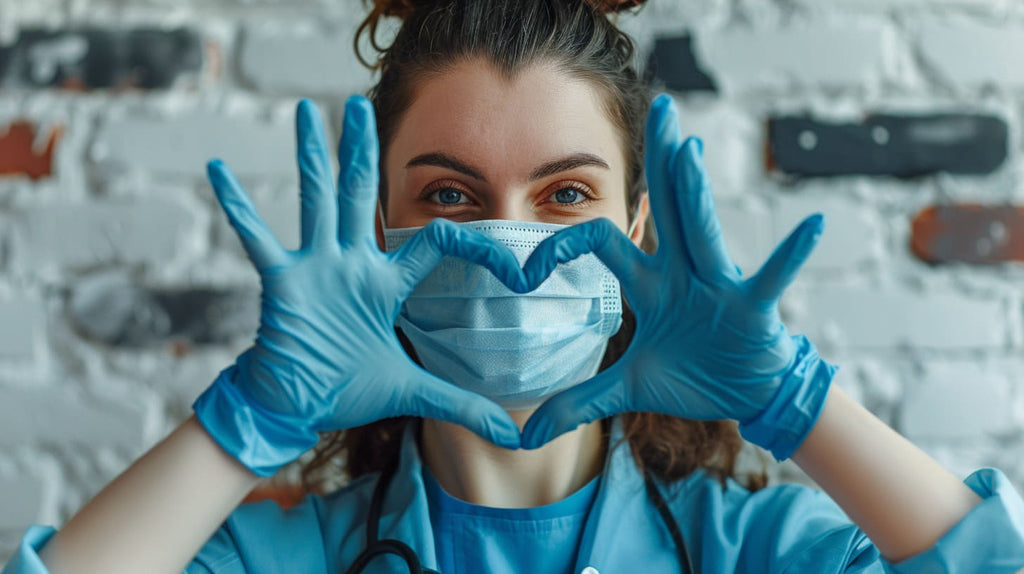 Eine medizinische Fachkraft mit blauen Handschuhen formt ein Herzzeichen um die Augen, trägt eine Schutzmaske und blickt in die Kamera vor einer unverputzten Ziegelwand, symbolisch für Liebe und Sorge im Gesundheitswesen.