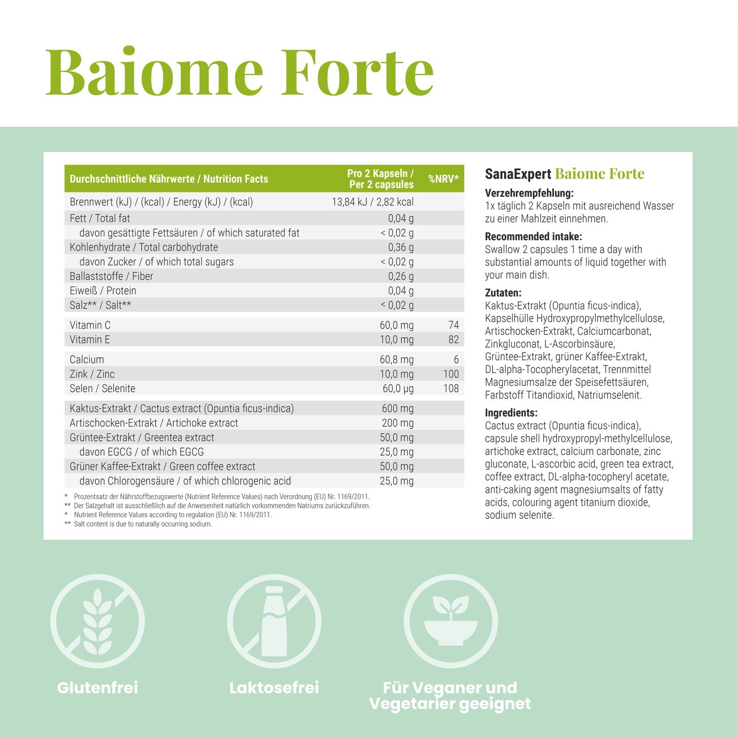Informationsblatt über SanaExpert Baime Forte, listet die glutenfreien und laktosefreien Inhaltsstoffe und die Verzehrempfehlung auf.