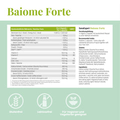 Informationsblatt über SanaExpert Baime Forte, listet die glutenfreien und laktosefreien Inhaltsstoffe und die Verzehrempfehlung auf.