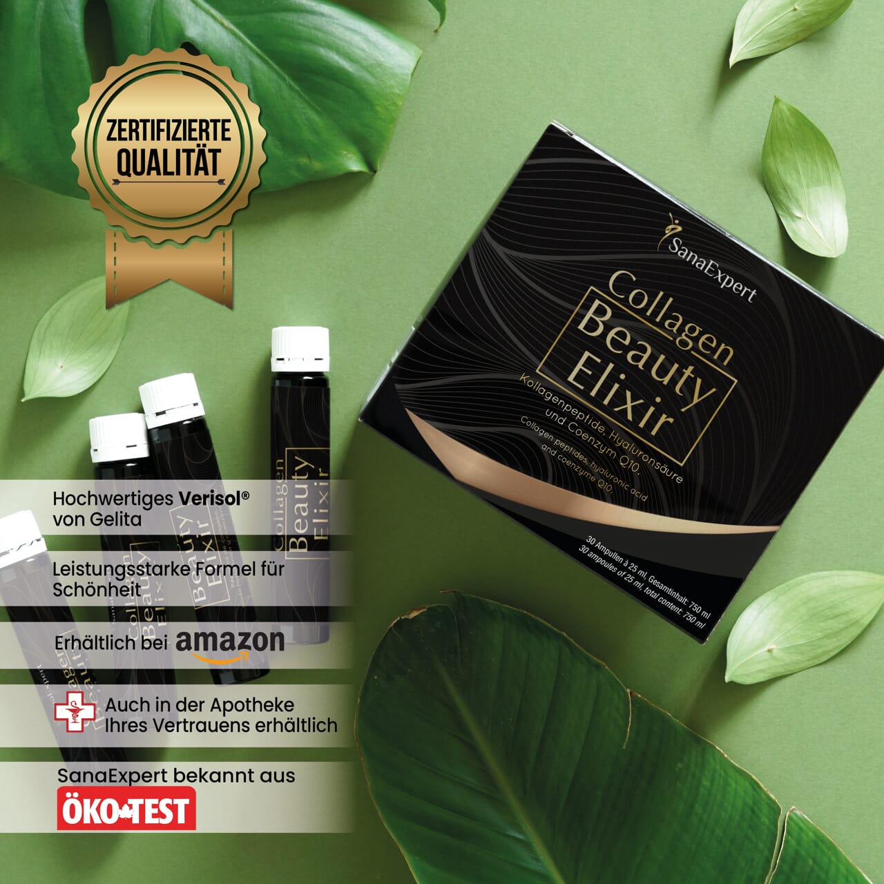 Werbebild von SanaExpert Collagen Beauty Elixir mit einem Siegel für zertifizierte Qualität, Präsentation des Produkts mit grünen Blättern.