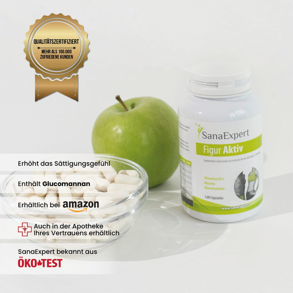 Foto eines Figur Aktiv Produkts neben einem grünen Apfel und Glucamannan Kapseln, hervorgehoben wird das Sättigungsgefühl und das Qualitätszertifikat.