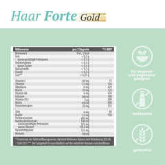 Nährwerttabelle von SanaExpert Haar Forte Gold, hervorhebend die Vitamine und Mineralien, geeignet für Veganer und Vegetarier.