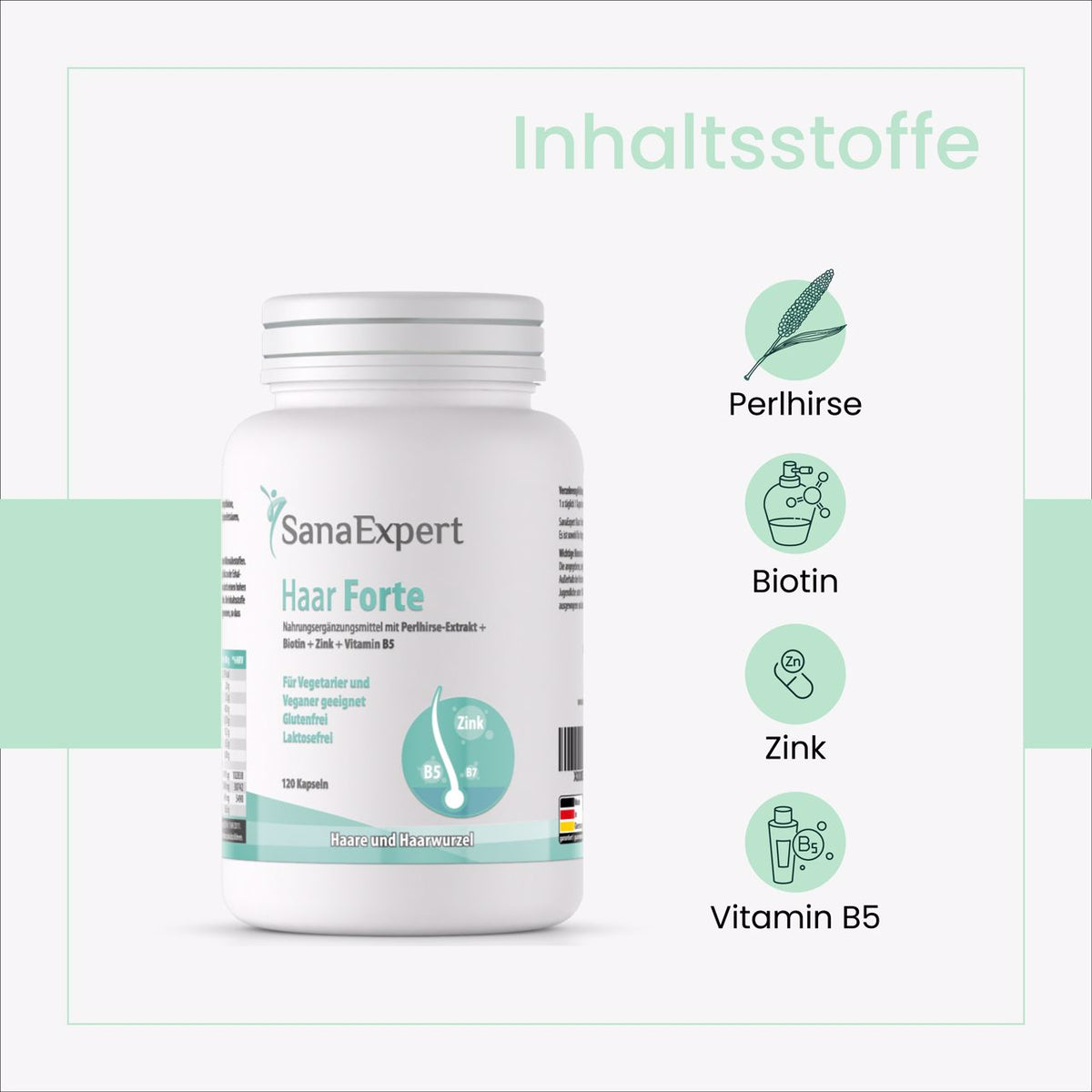 Zutatenliste und Nährwertangaben von SanaExpert Haar Forte auf einem mintgrünen Hintergrund.