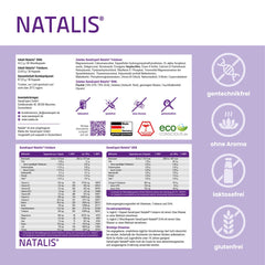 Produktinformation und Zutatenliste von Natalis auf lila Hintergrund, hervorgehoben sind die Eigenschaften wie lactosefrei und gentechnikfrei.