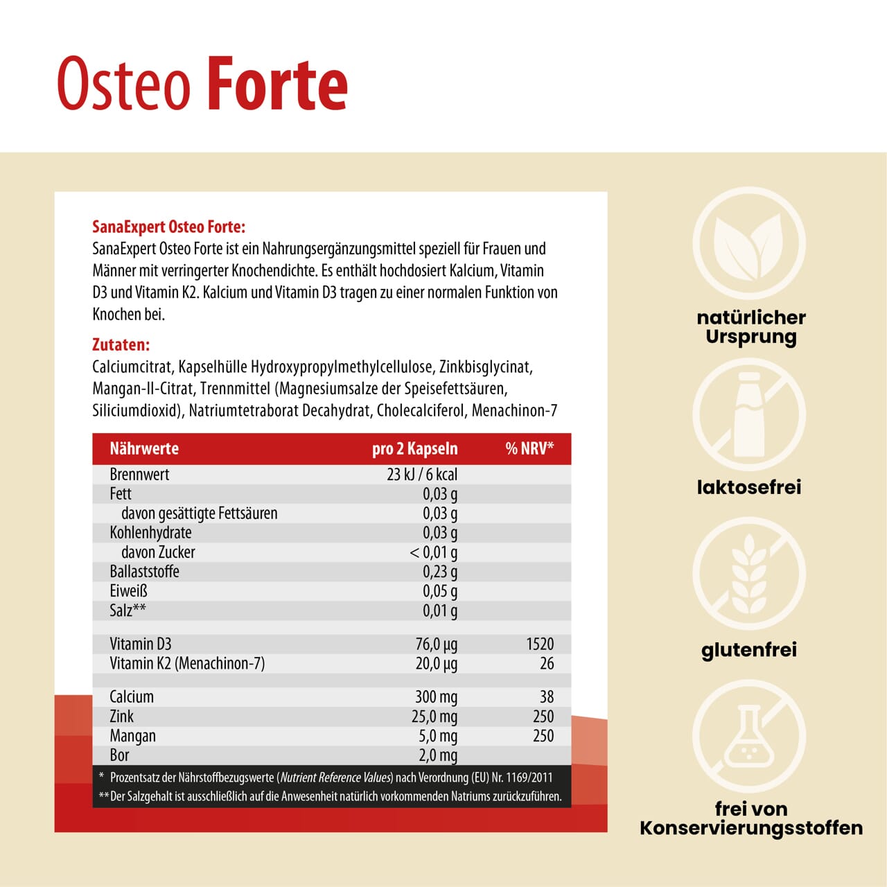 Detaillierte Ansicht der Nährstoffinformationen und Vorteile von SanaExpert Osteo Forte, die die Förderung der Knochengesundheit betonen, mit Schwerpunkt auf natürlichem Ursprung und Freiheit von Laktose und Gluten.