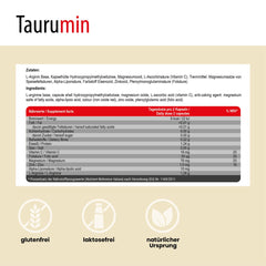 Detaillierte Ansicht der Nährwertangaben auf der Rückseite der SanaExpert Taurumin Packung, mit einer Liste der Inhaltsstoffe und Supplementfakten.